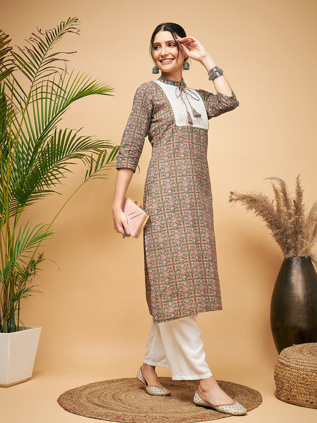 InWeave Women's Green Red Ajrakh Print Cotton Patch Work Straight Kurta | Grocsy