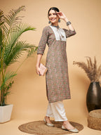 InWeave Women's Green Red Ajrakh Print Cotton Patch Work Straight Kurta | Grocsy