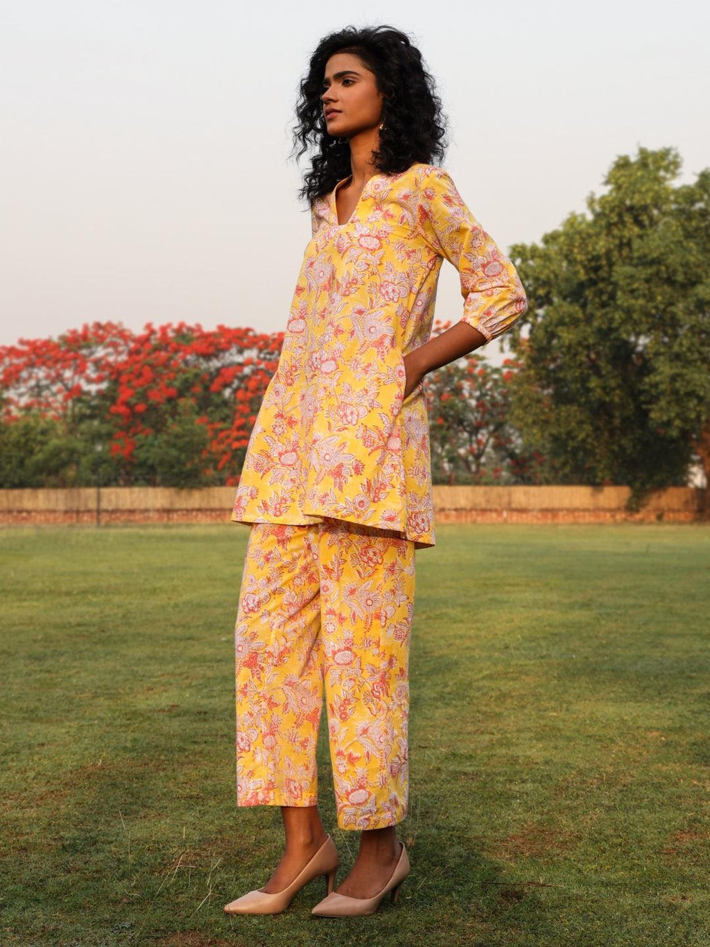 trueBrowns Yellow Cotton Block Print V-Square Neck Co-Ord Set | Grocsy