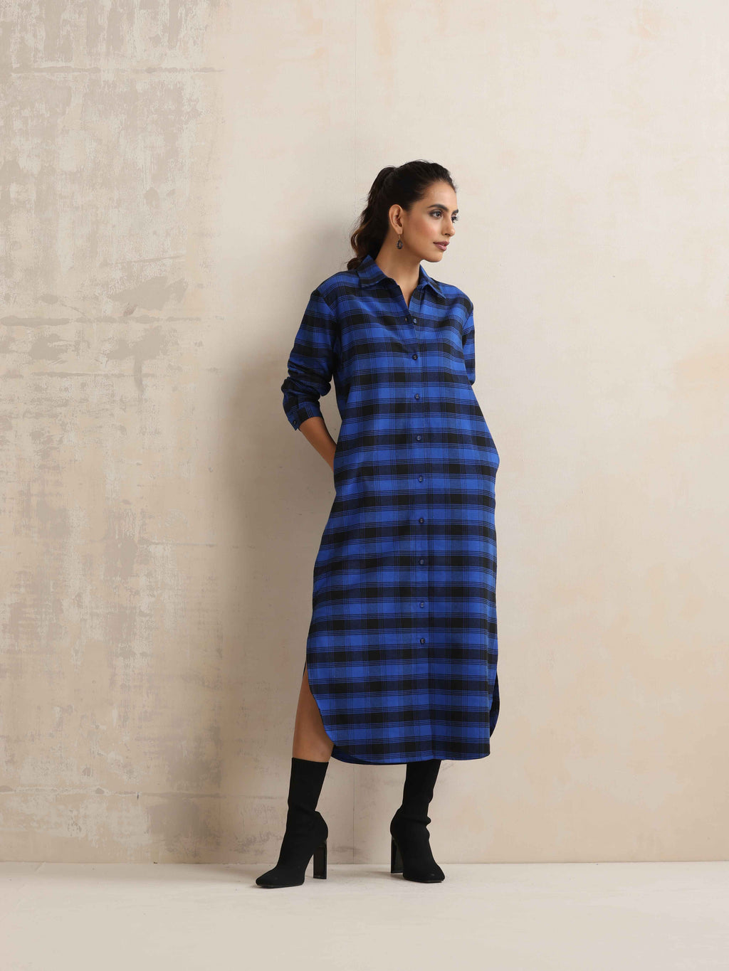 trueBrowns Blue Check Winter Shirt Dress | Grocsy