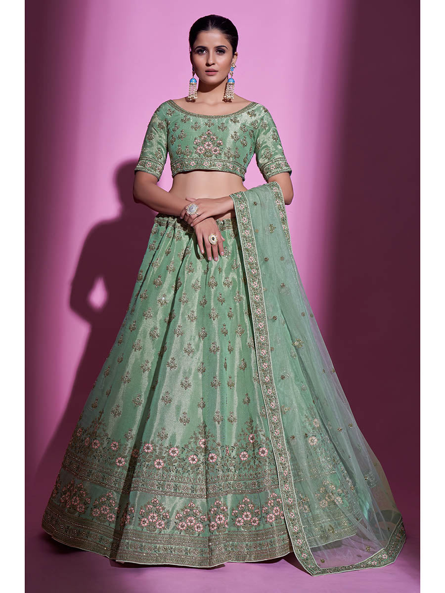 Myra Pista Green Gota Silk Embroidered Designer Lehenga Choli | Grocsy