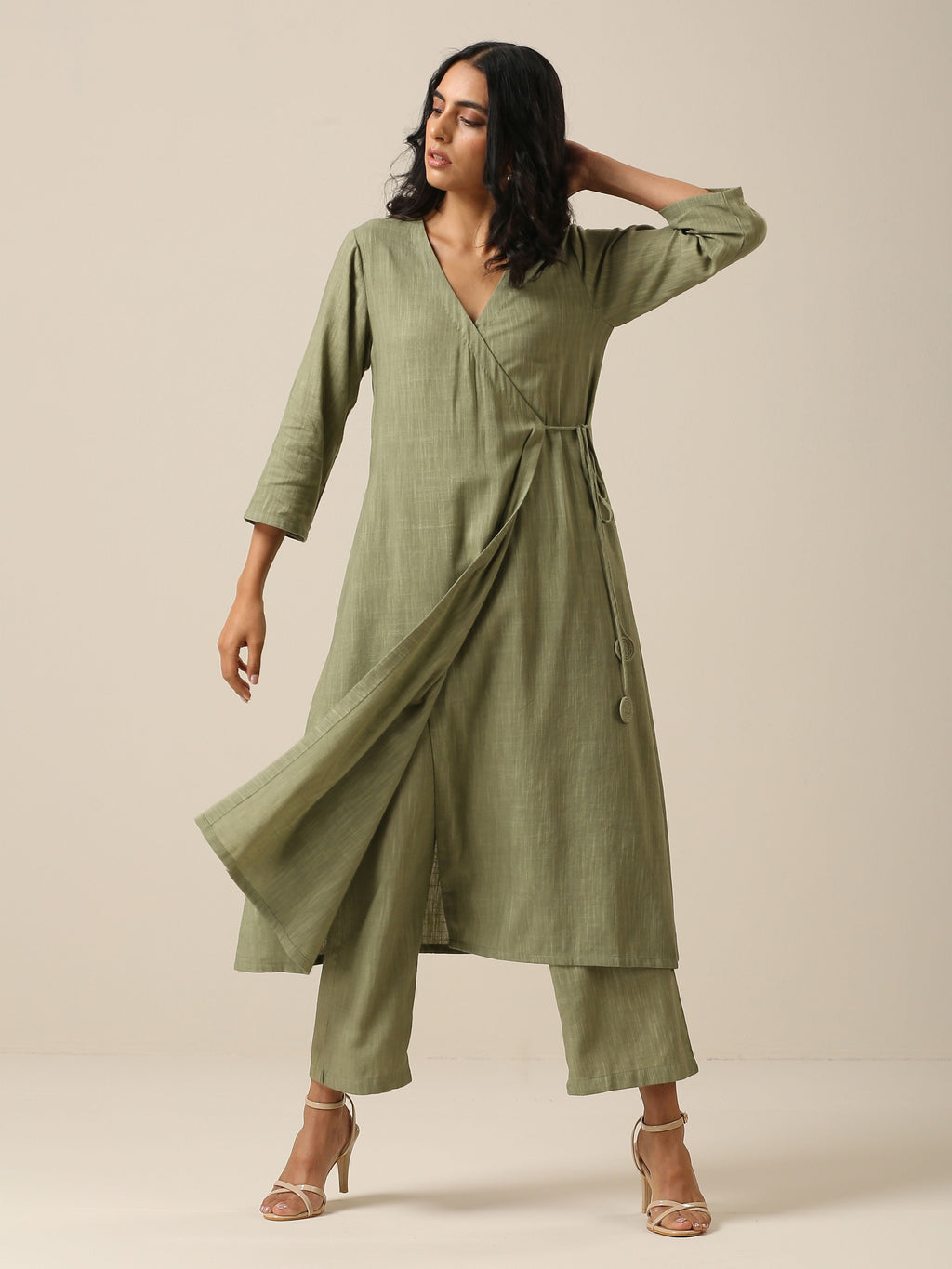 trueBrowns Sage Slub Texture Angrakha Pant Set | Relove | Grocsy