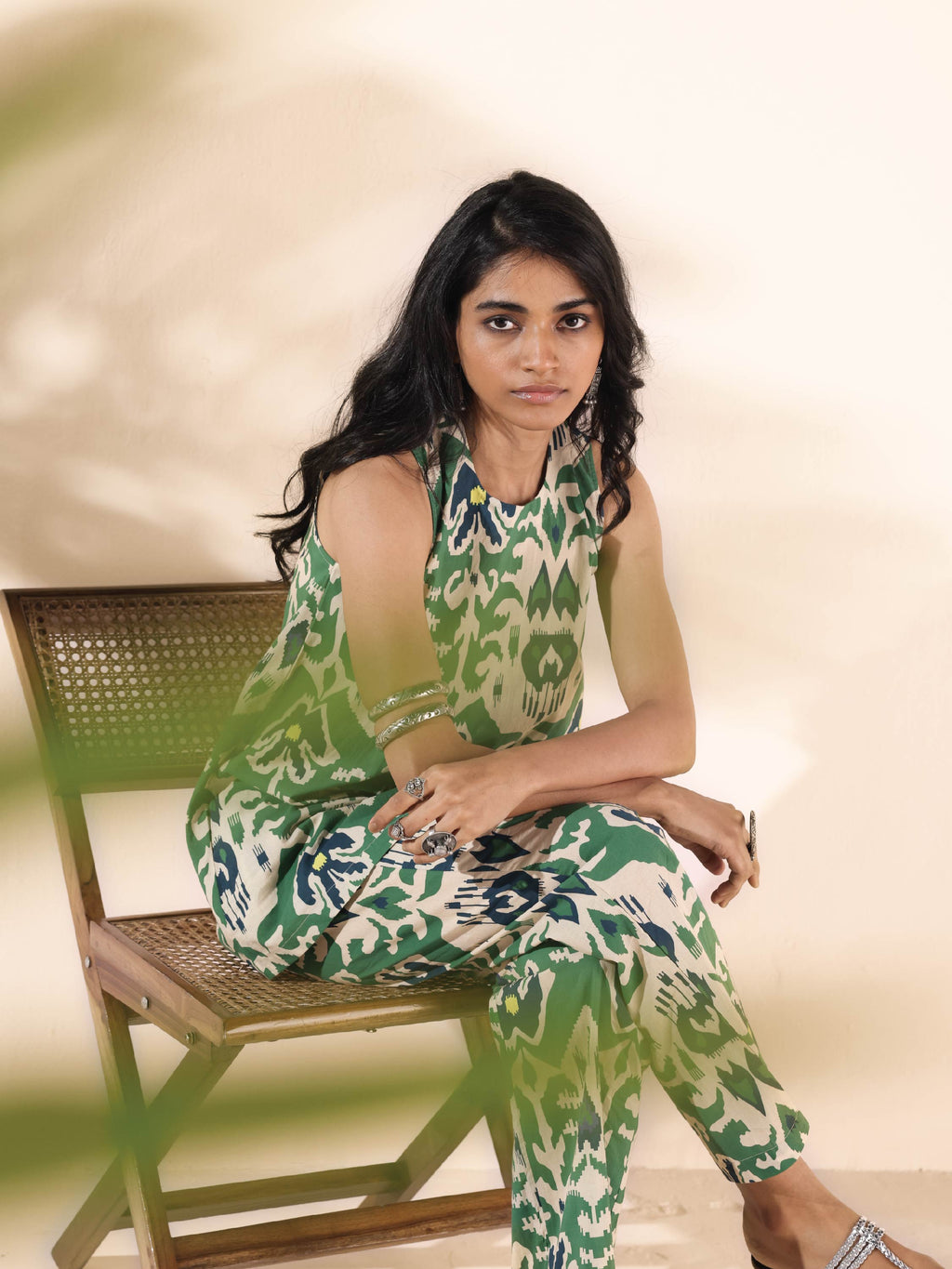 trueBrowns Green Cotton Ikat Sleeveless Co-ord Set | Grocsy