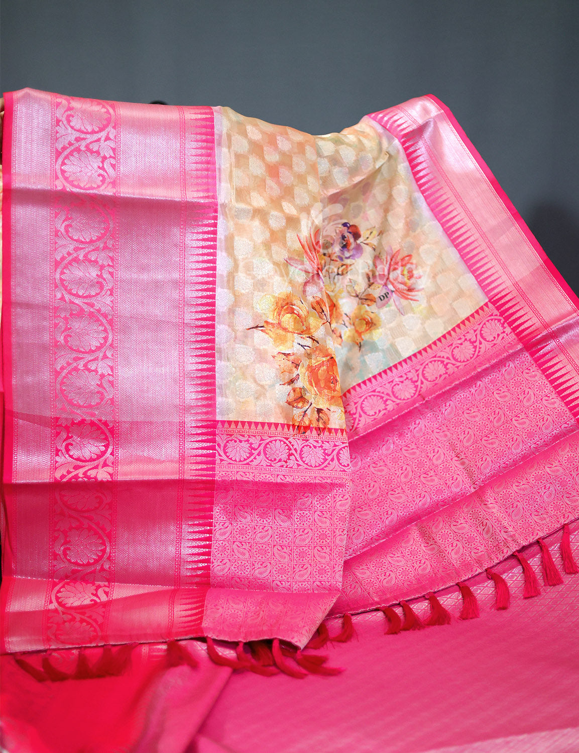 Shades of Cream Colour Floral Design Banaras Semi Silk Saree By Gayathri Reddy Designer Studio | Grocsy