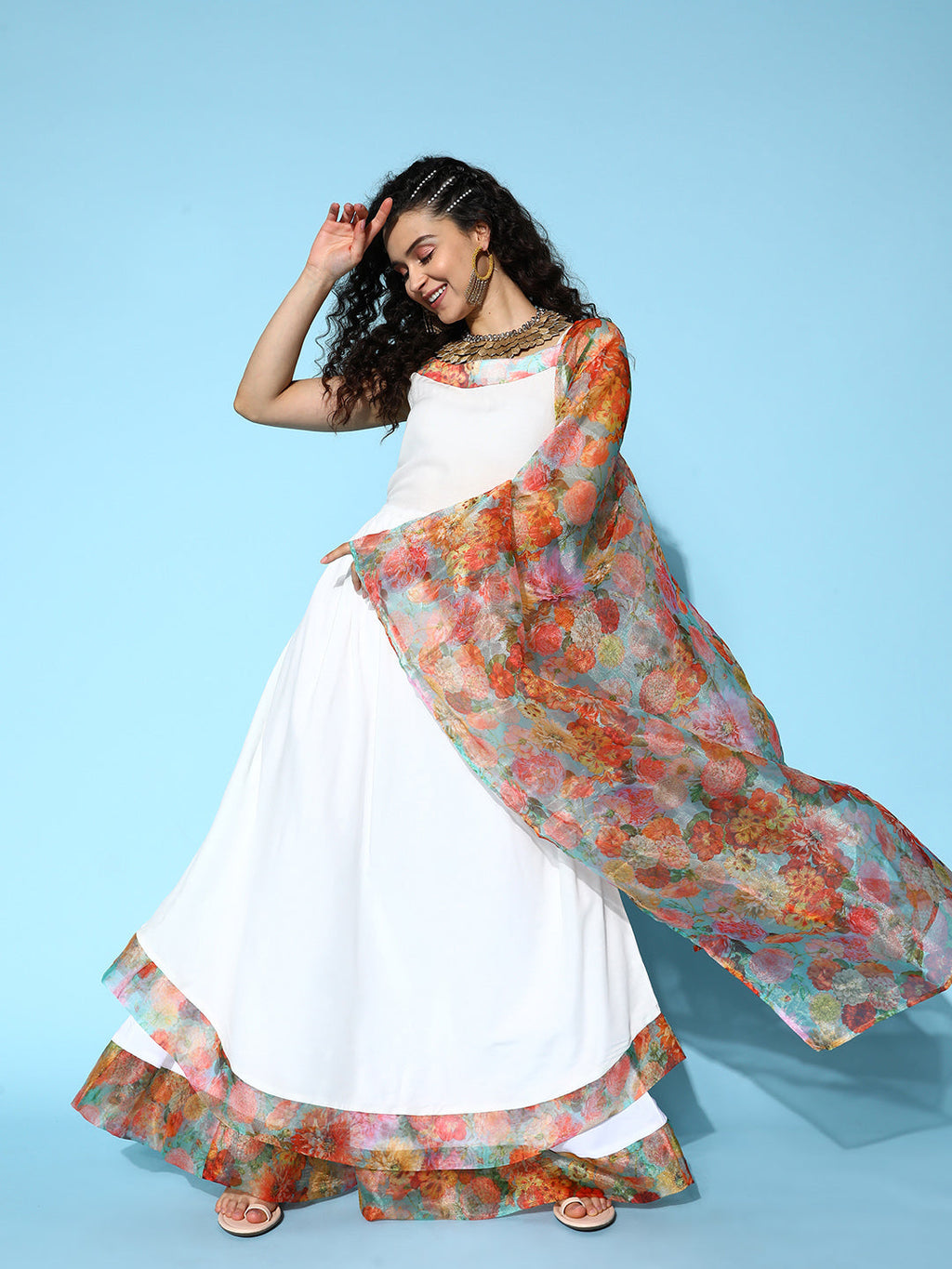 InWeave Women's White Strappy Orgranza Border Kurta Set With Dupatta | Grocsy