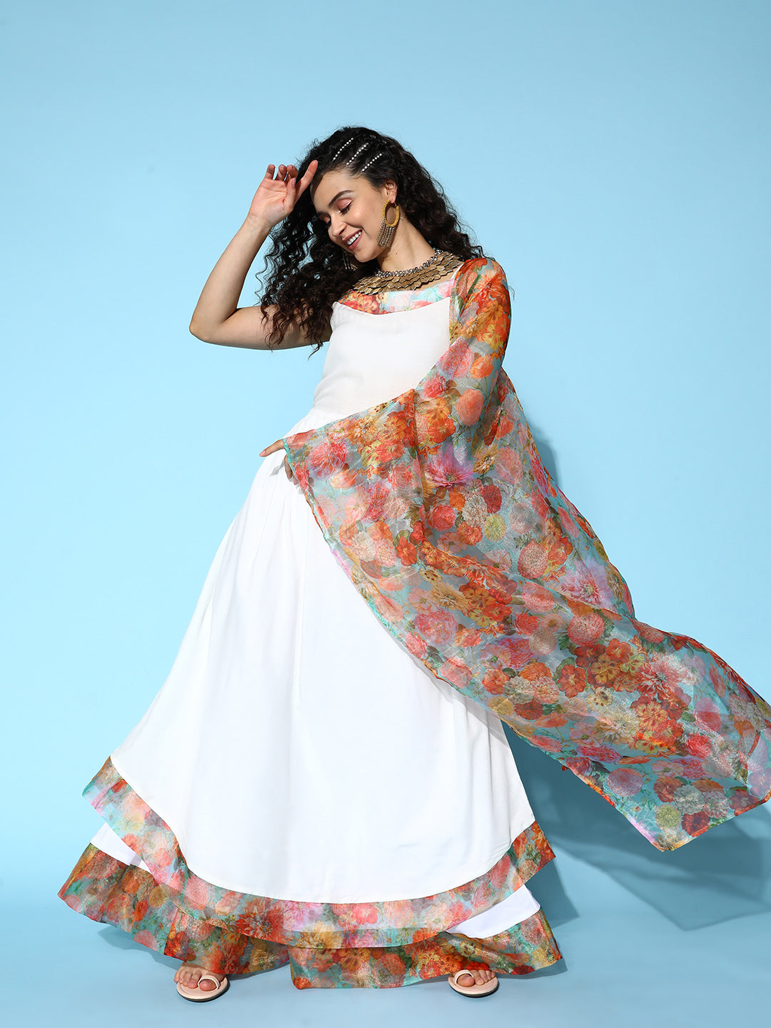 InWeave Women's White Strappy Orgranza Border Kurta Set With Dupatta | Grocsy