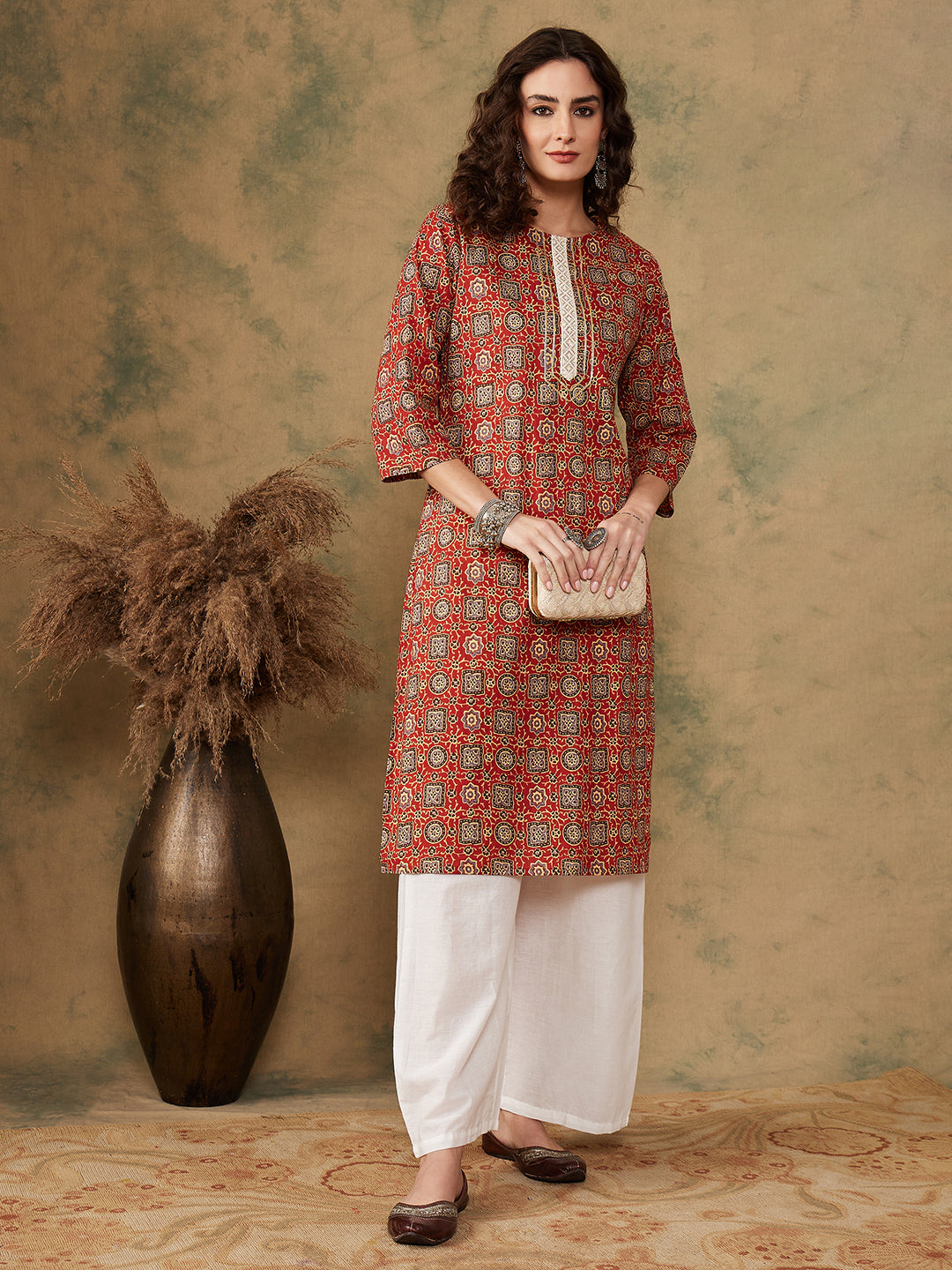 InWeave Women's Maroon Ethnic Print Lace Gota Work Straight Kurta | Grocsy