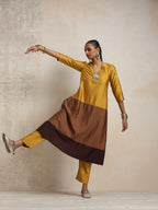 trueBrowns Gold Brown Silk A-line Kurta Set | Grocsy