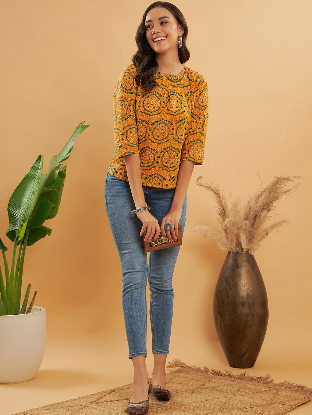 InWeave Women's Haldi Yellow Mughal Kalamkari Top | Grocsy