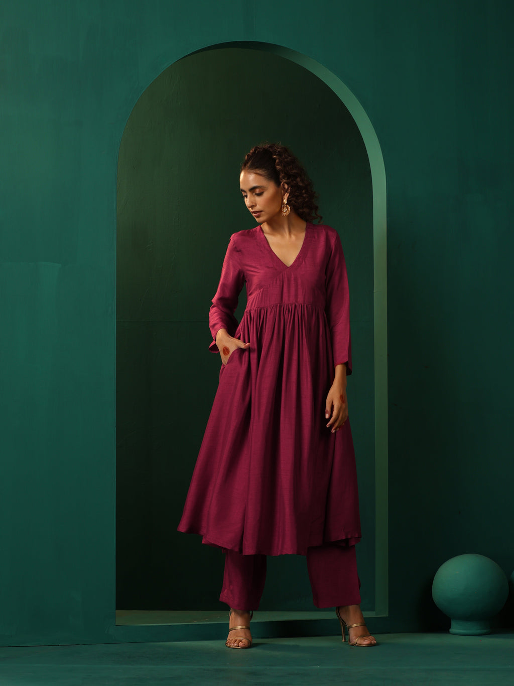 trueBrowns Maroon Silk Angrakha Kurta Pant Set | Grocsy