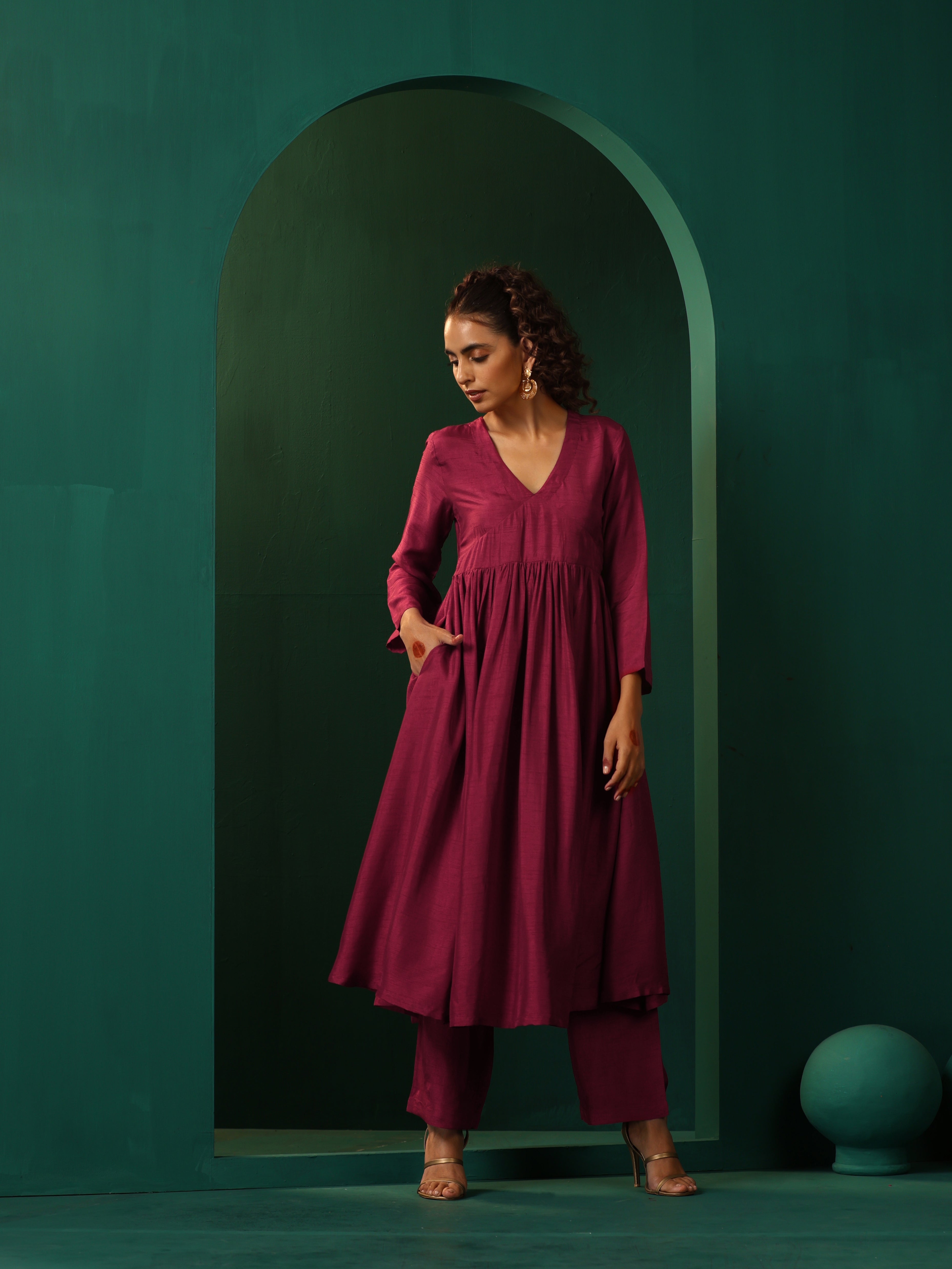 trueBrowns Maroon Silk Angrakha Kurta Pant Set | Grocsy