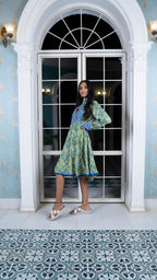 Noroke Sustainable fabric | Cupro Muslin Blue Pottery Tunic Dress | Grocsy