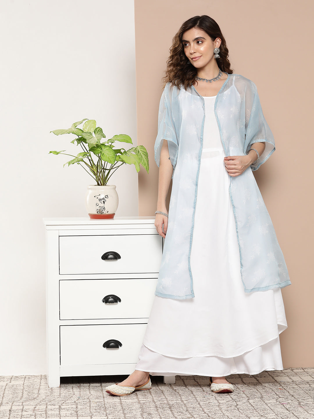 InWeave Women's Cream Strappy With Blue White Chintz Organza Cape | Grocsy