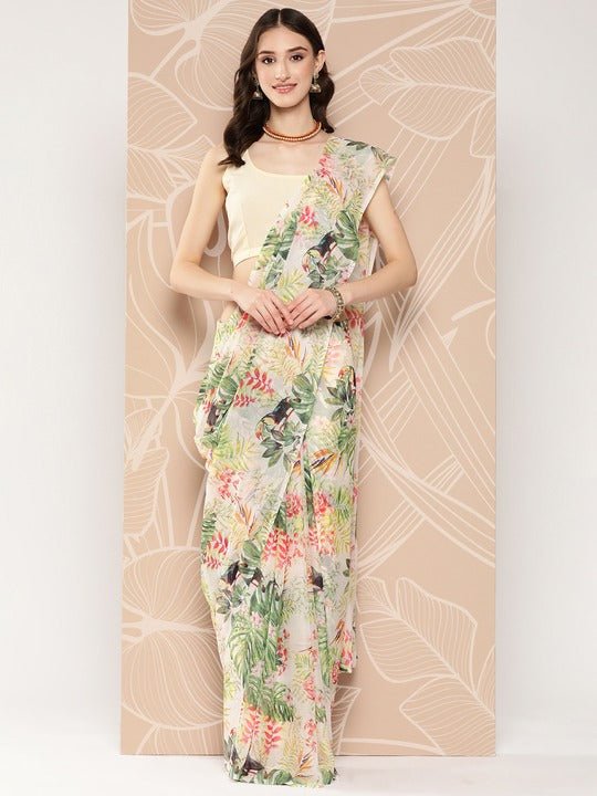 Ahalyaa Floral Printed Poly Chiffon Saree | Grocsy