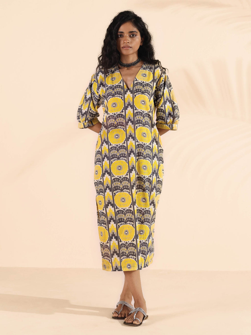trueBrowns Yellow Cotton Ikat Slit Dress | Grocsy