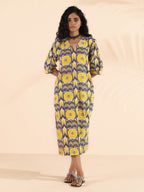 trueBrowns Yellow Cotton Ikat Slit Dress | Grocsy