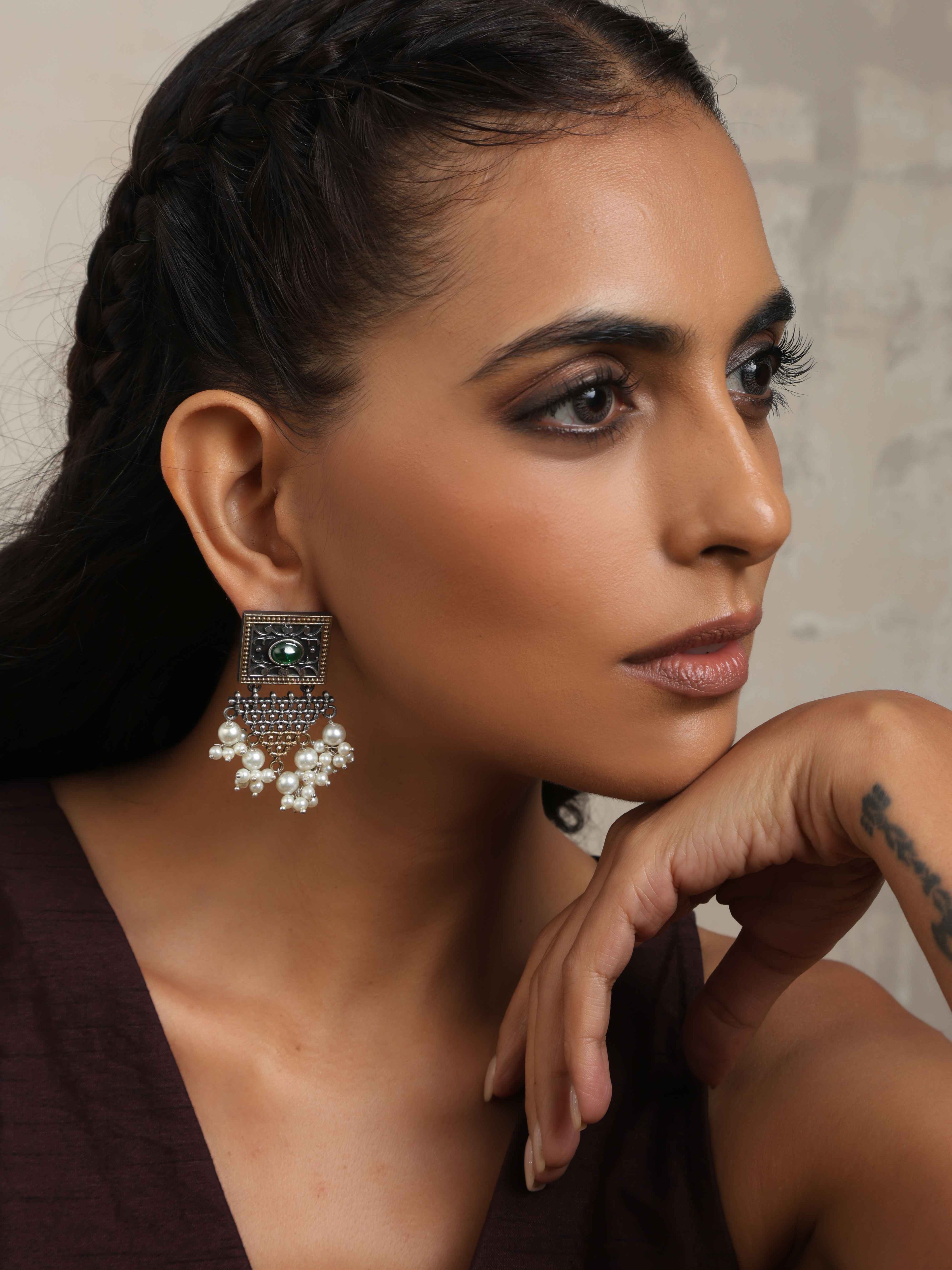 trueBrowns Silver Gold Tone Floral Silver Jaal Dangle Earrings | Grocsy