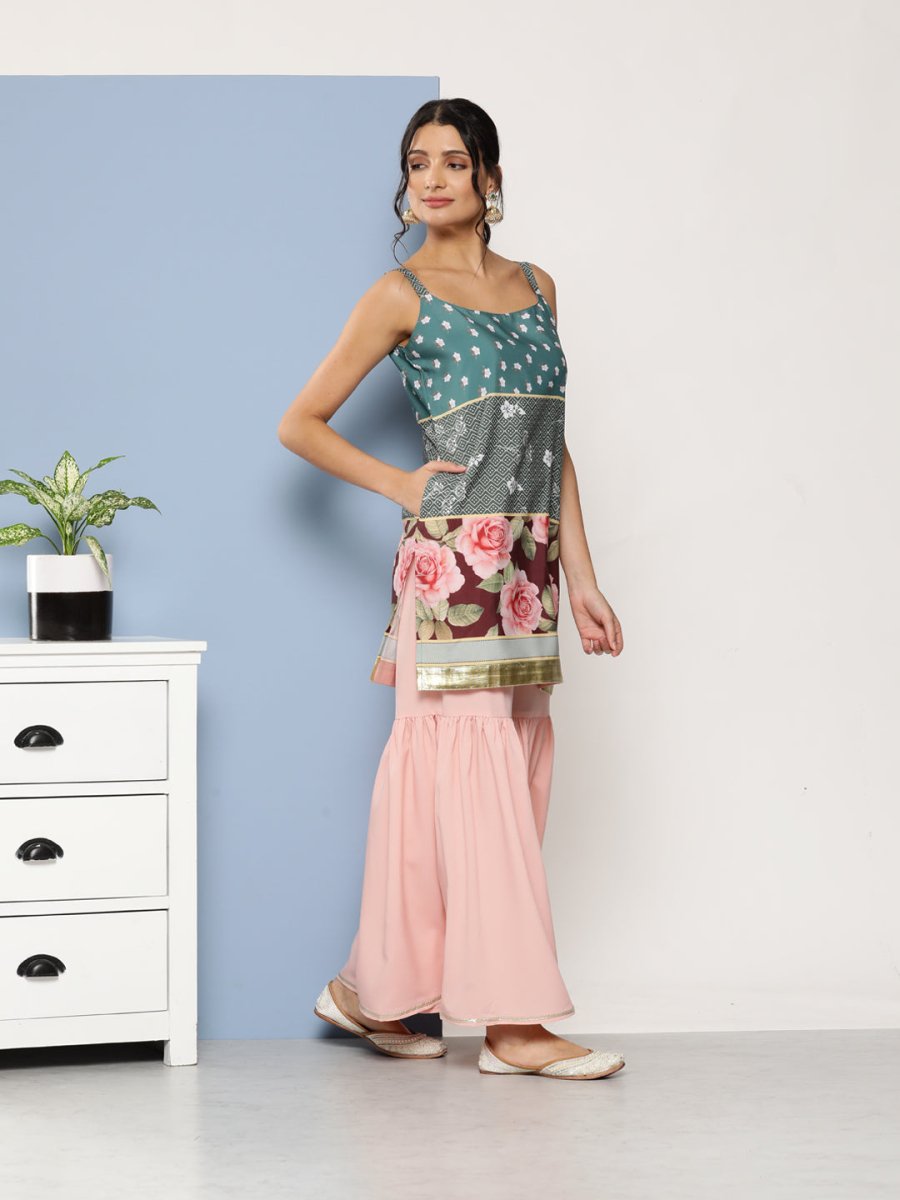 Ahalyaa Women Green Floral Printed Gotta Patti Kurta with Sharara & With Dupatta | Grocsy