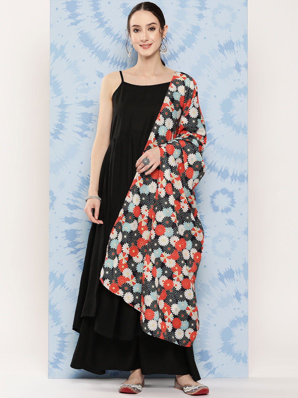 InWeave Women's Black Strappy Set With White Red Round Motif Dupatta | Grocsy