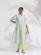 trueBrowns White Cotton Multi Stripe Flared Kurta Set | Grocsy
