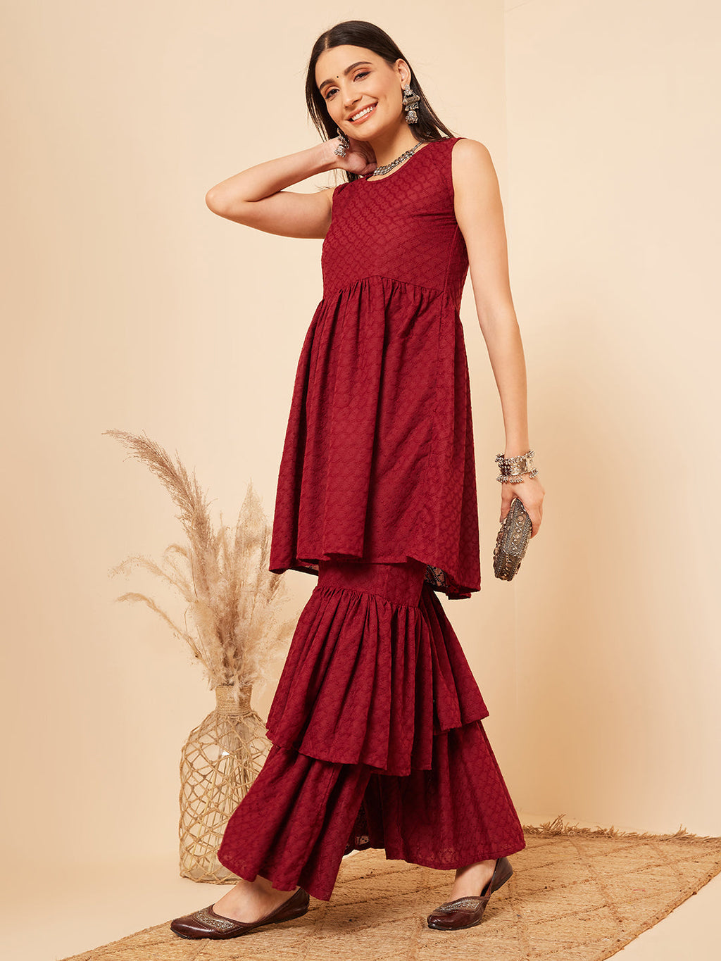 InWeave Women's Carmine Maroon Lace Work Double Layer Sharara Set | Grocsy