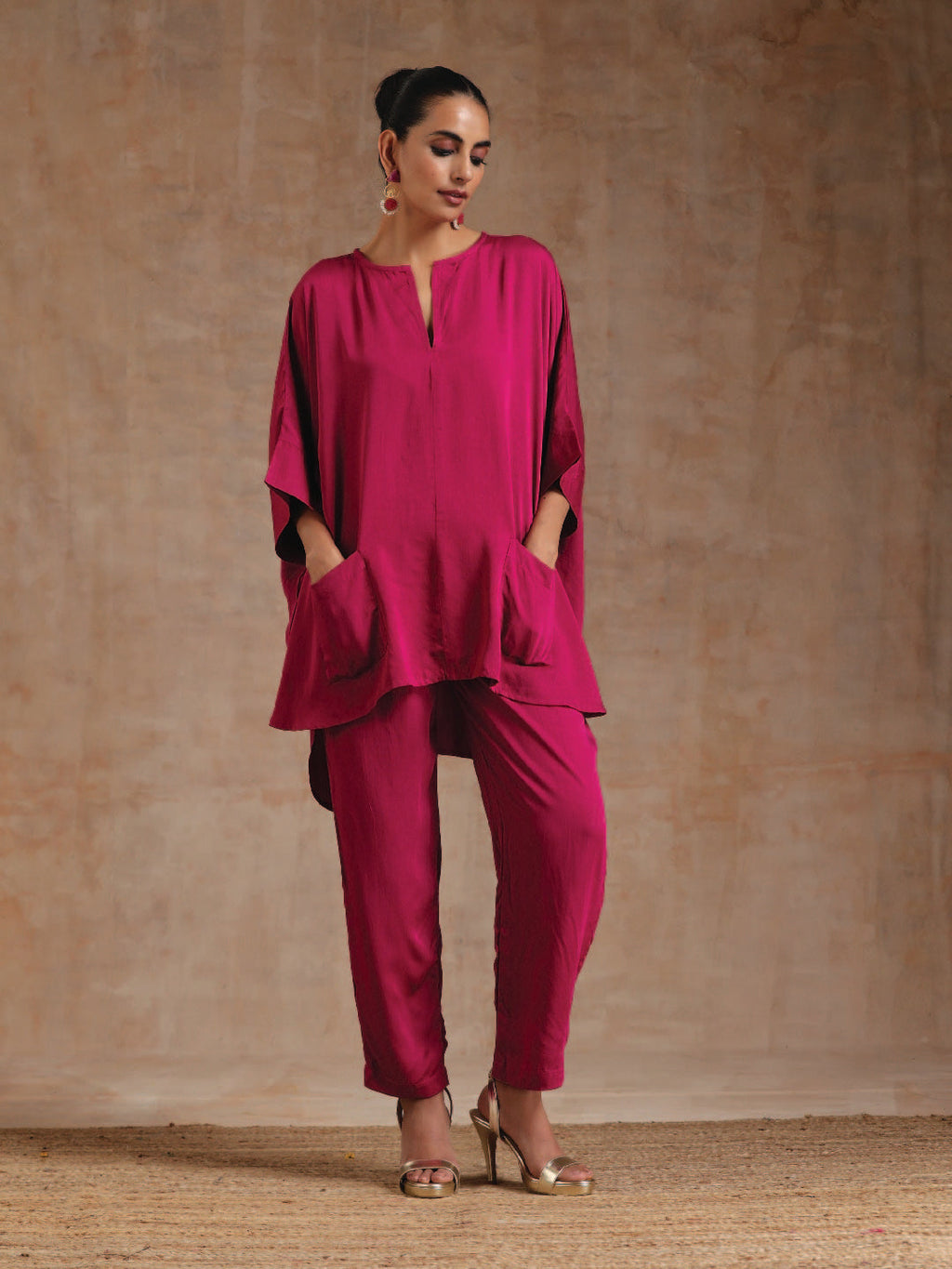 trueBrowns Pink Modal Satin Boxy Fit High-Low Co-Ord Set | Grocsy