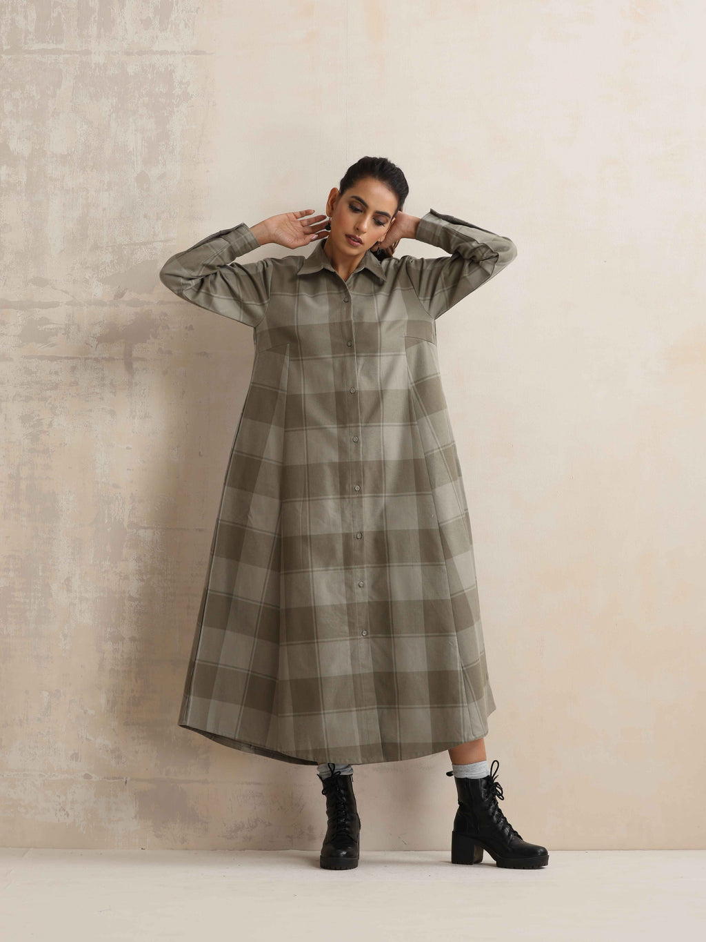 trueBrowns Green Check Flared Winter Dress | Grocsy