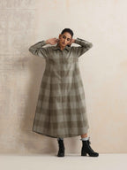 trueBrowns Green Check Flared Winter Dress | Grocsy