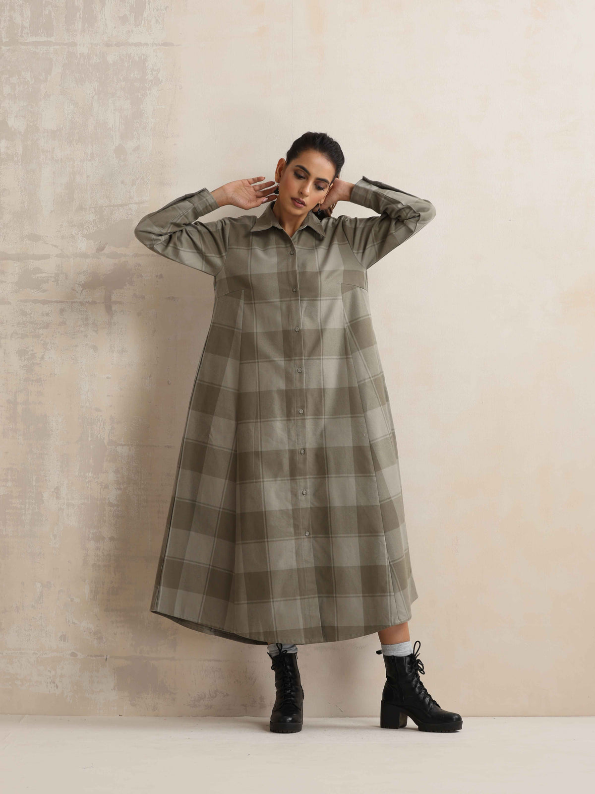 trueBrowns Green Check Flared Winter Dress | Grocsy