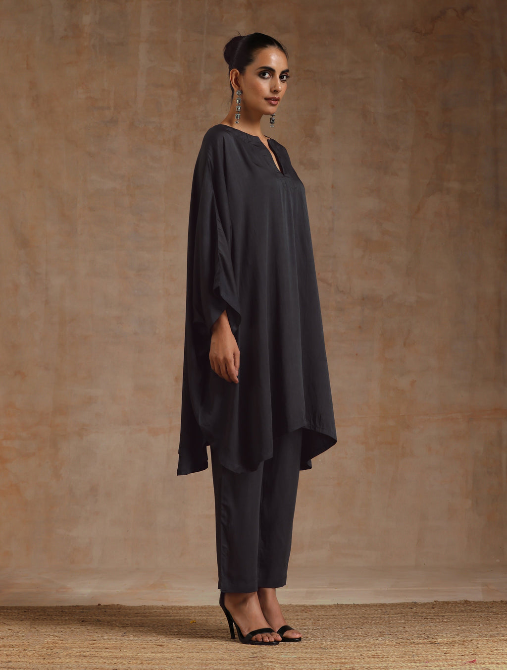 trueBrowns Grey Modal Satin Oversized Round Co-Ord Set | Grocsy