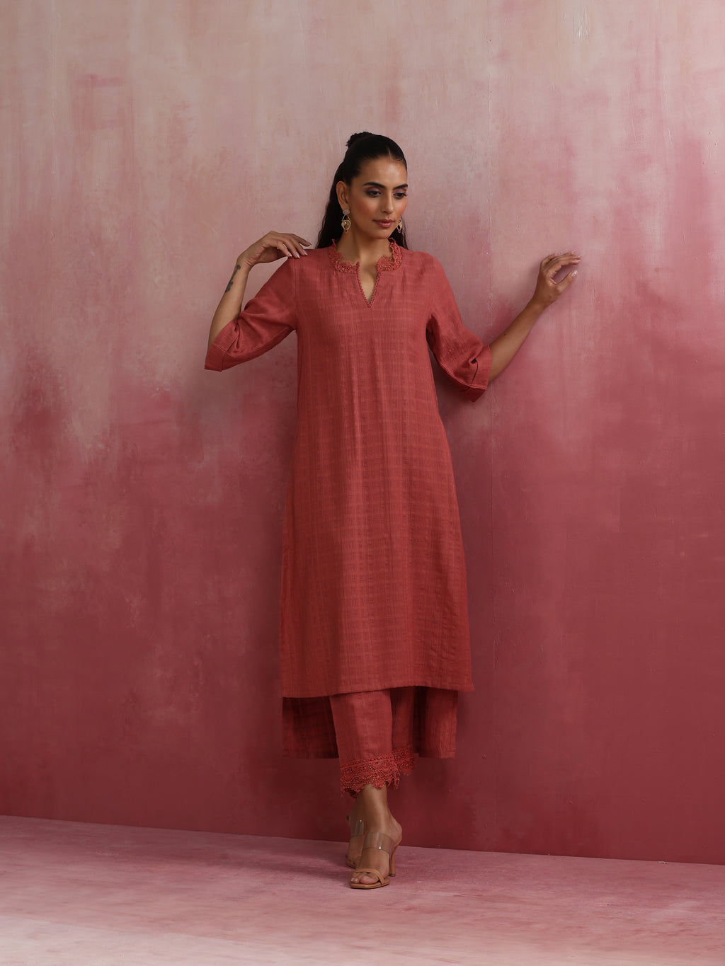 trueBrowns Peach High low Cotton Dobby Kurta Set | Grocsy