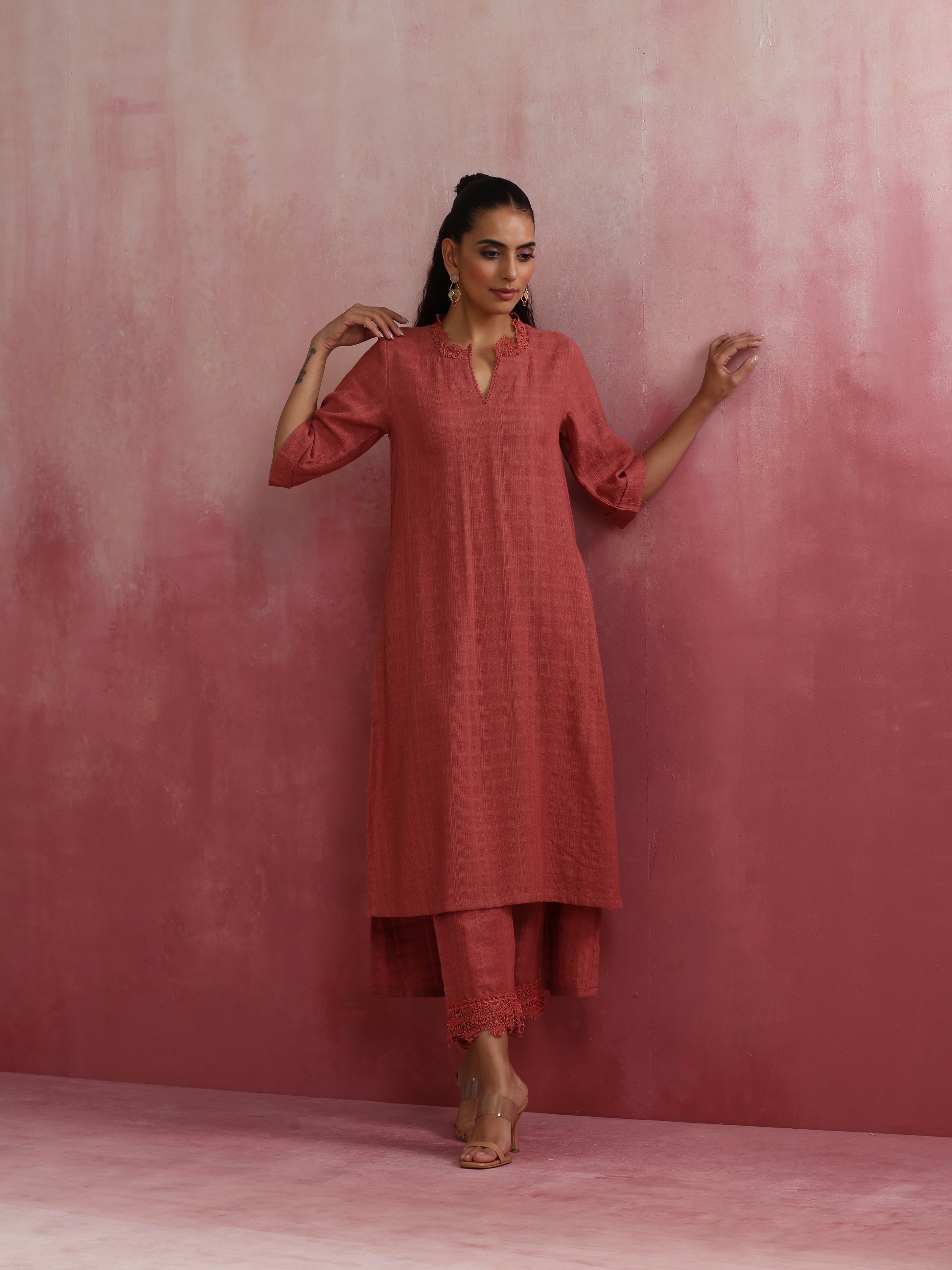 trueBrowns Peach High low Cotton Dobby Kurta Set | Grocsy