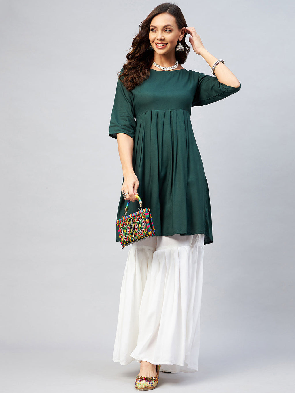 InWeave Women's Dark Green Short Anarkali Kurta | Grocsy
