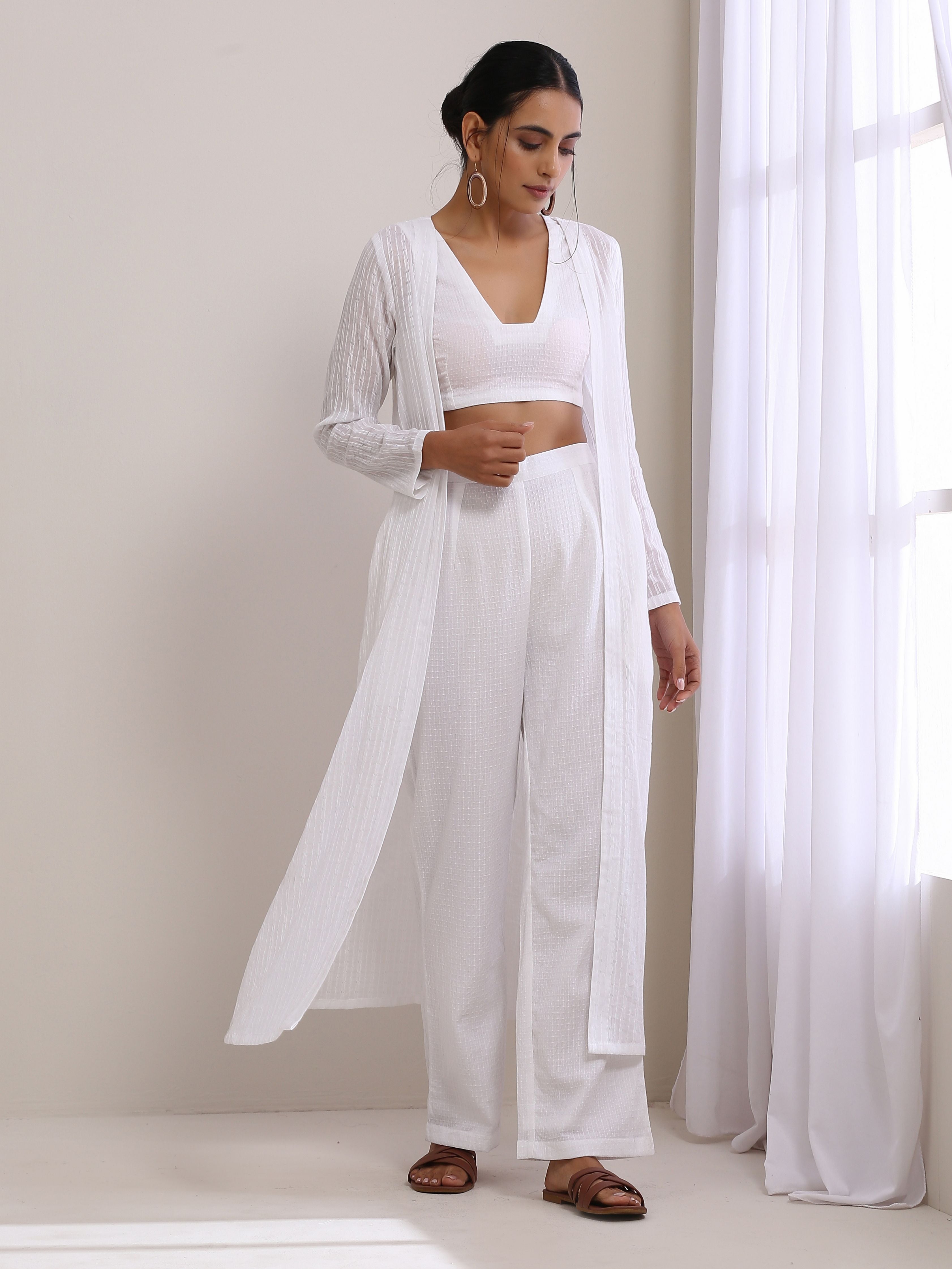 trueBrowns White Dobby Overlay Jacket Blouse Pant Set | Grocsy