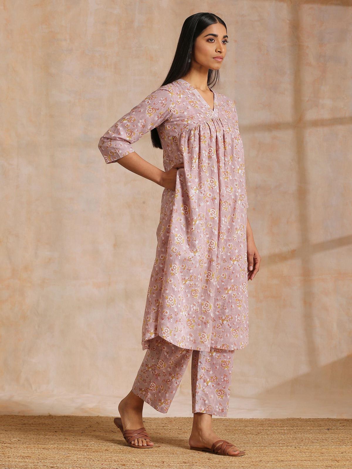 trueBrowns Grey Overall Floral Block Print Cotton Flared Slit Kurta Pant Set | Relove | Grocsy