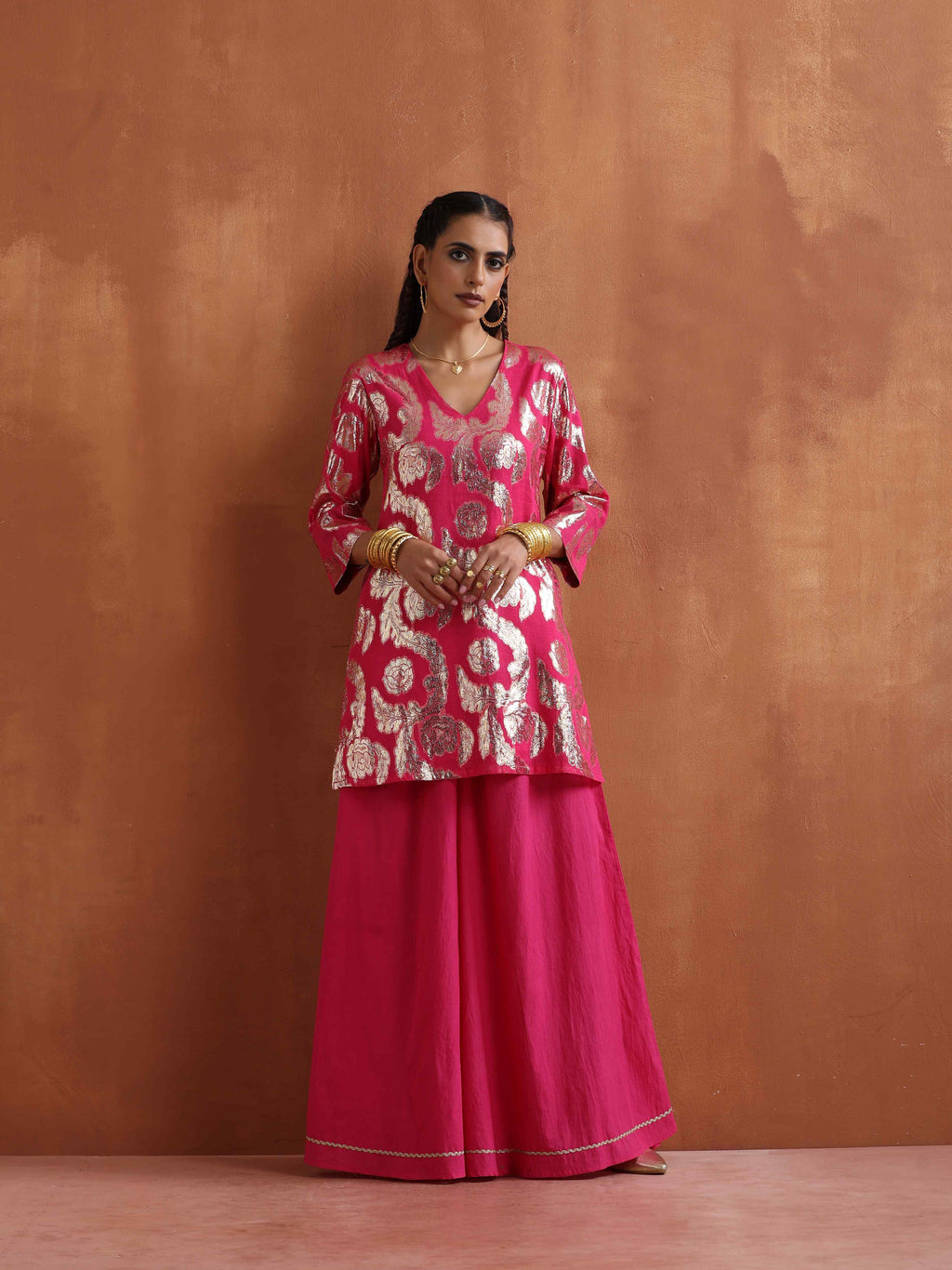 trueBrowns Pink Metallic Sharara Set | Grocsy