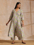 trueBrowns Grey Overall Floral Block Print Cotton Angrakha Kurta Pant Set | Grocsy