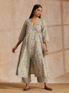 trueBrowns Grey Overall Floral Block Print Cotton Angrakha Kurta Pant Set | Grocsy