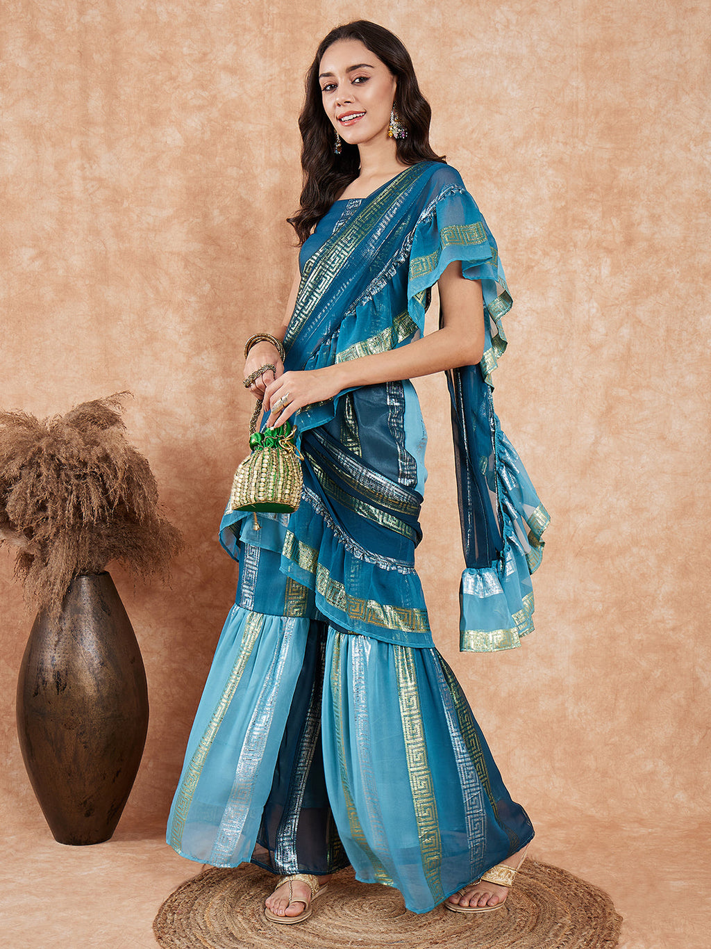 InWeave Women's Teal Shaded Lurex Frill Sharara Saree | Grocsy