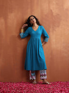 trueBrowns Blue Cotton Flared Anarkali Kurta Set | Grocsy