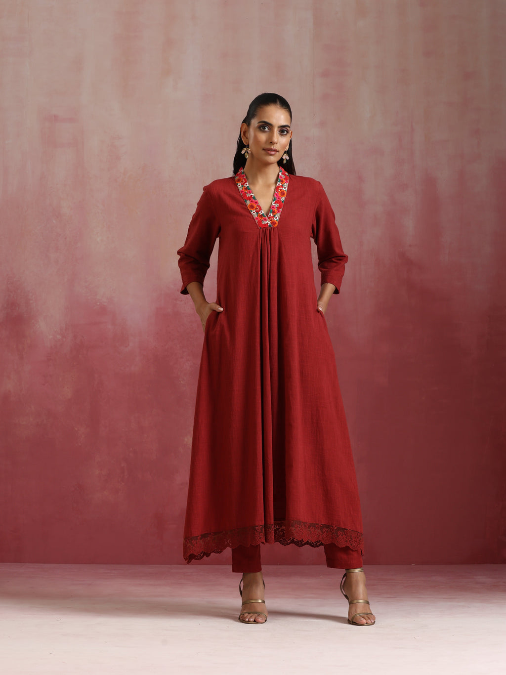trueBrowns Maroon Cotton Dobby Kurta Set | Grocsy