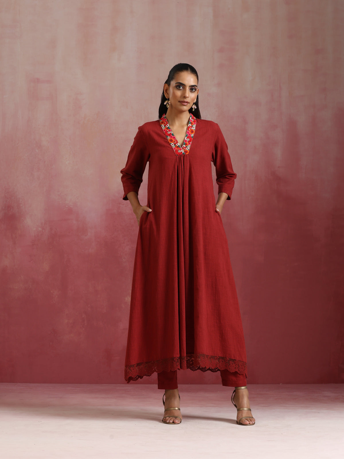 trueBrowns Maroon Cotton Dobby Kurta Set | Grocsy