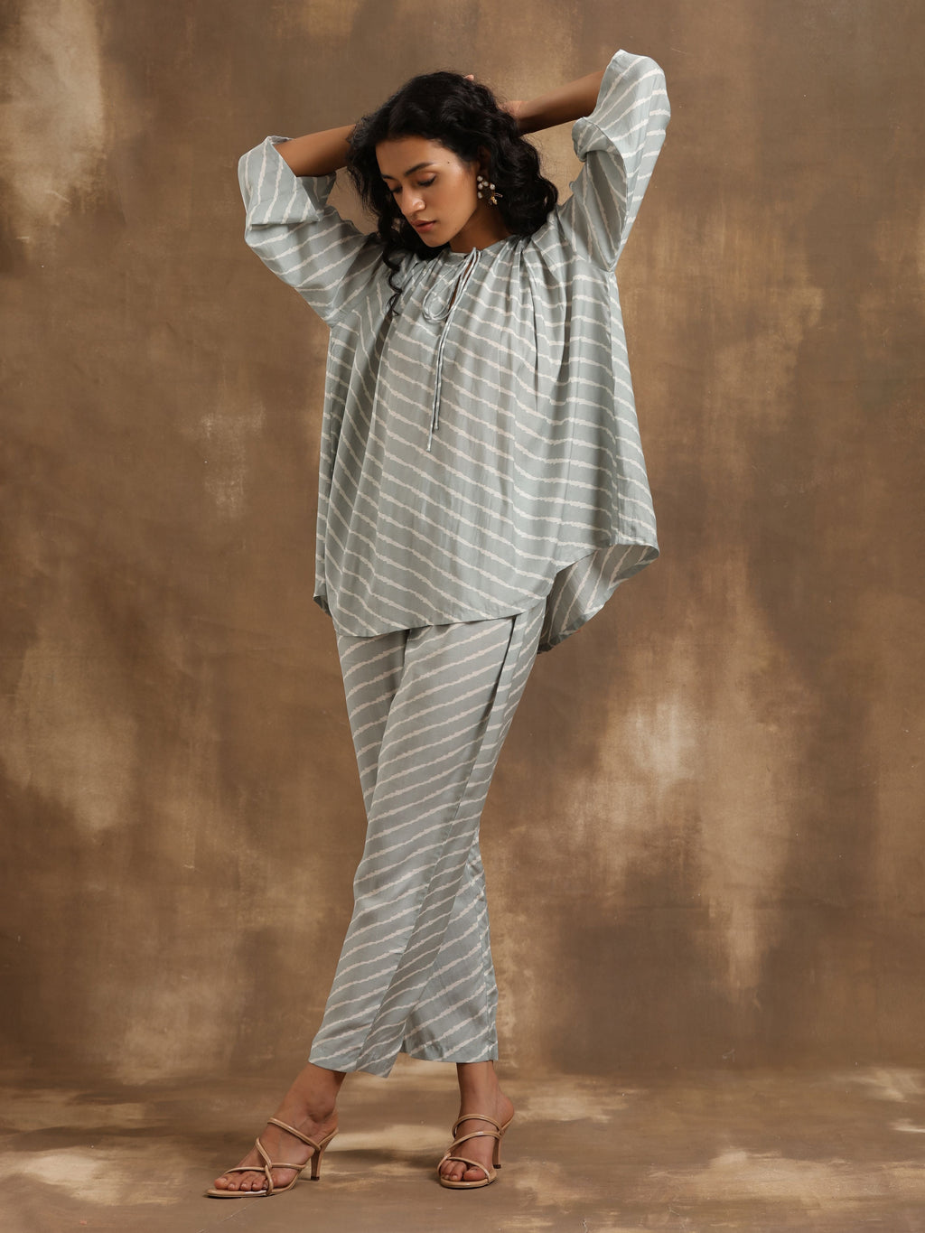 trueBrowns Grey Lehariya Printed Silk Co-Ord Set | Grocsy