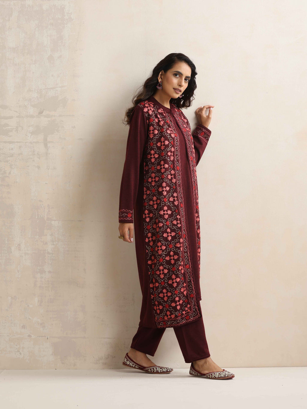 trueBrowns Purple Kashmiri Woollen Jacket 3pc Set | Grocsy