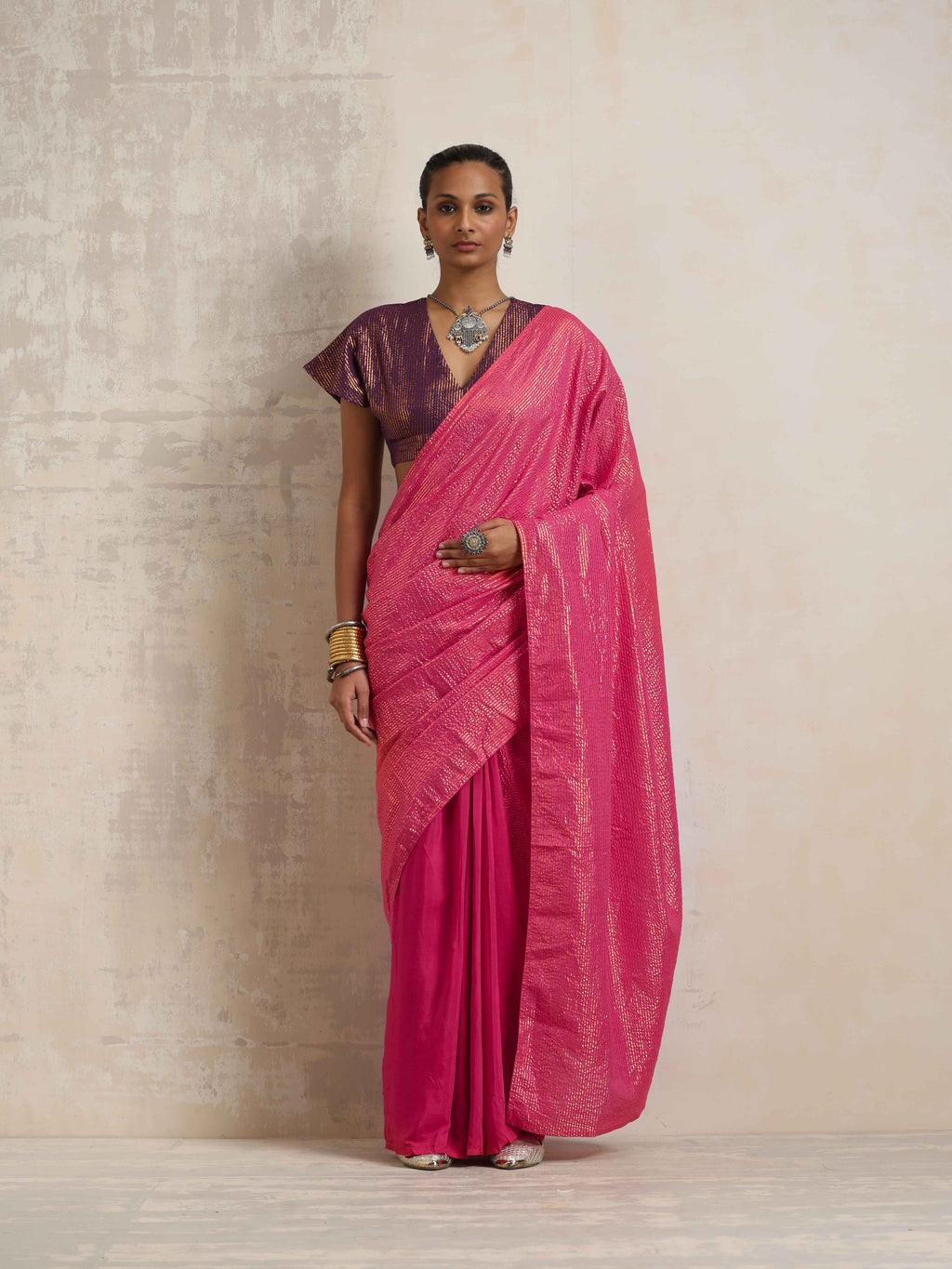 trueBrowns Pink Gold Lurex Ready To Wear Saree | Grocsy