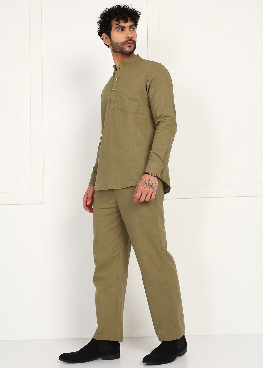 Fabmade Olive Dune Linen Short Kurta Co-Ord Set | Grocsy