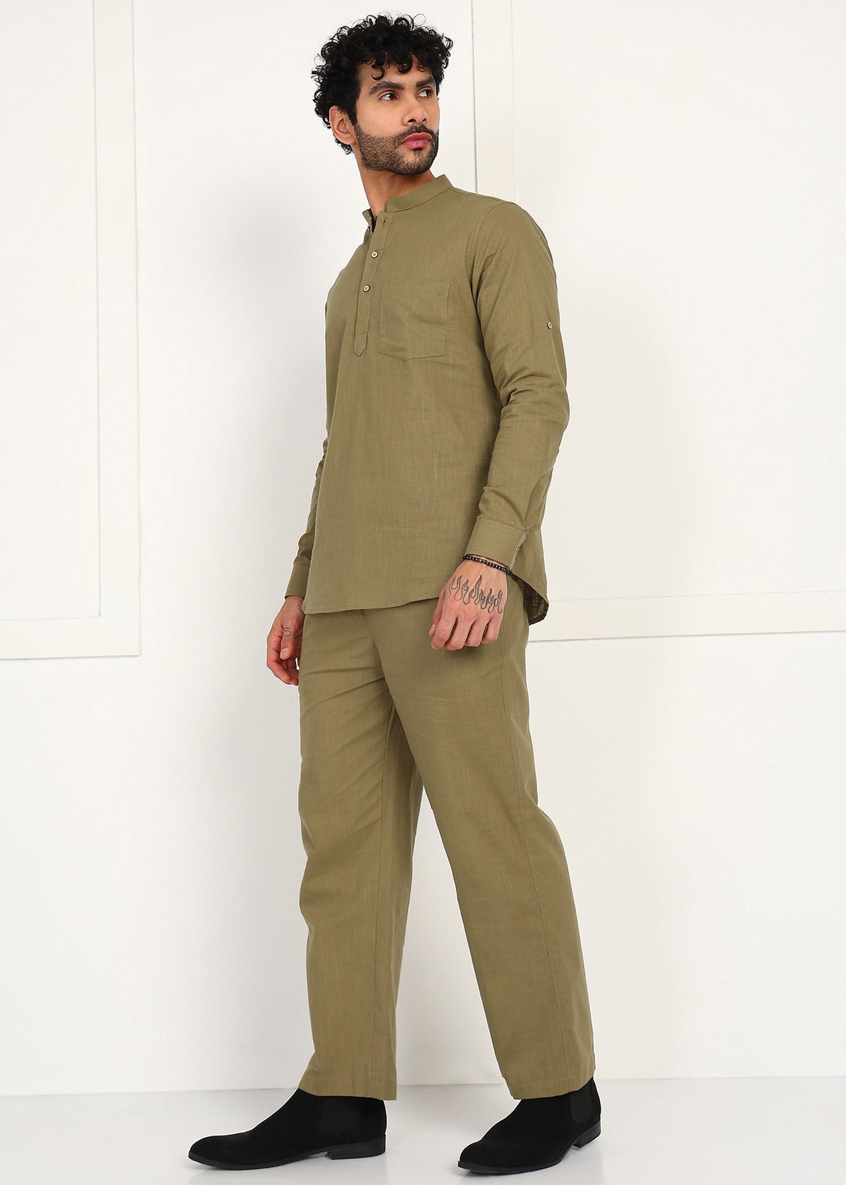 Fabmade Olive Dune Linen Short Kurta Co-Ord Set | Grocsy