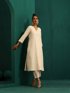 trueBrowns Ivory Tonal Cotton Kurta with Embroidered Pants | Grocsy