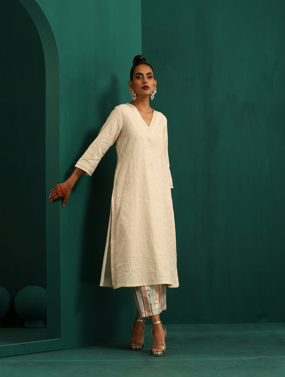 trueBrowns Ivory Tonal Cotton Kurta with Embroidered Pants | Grocsy