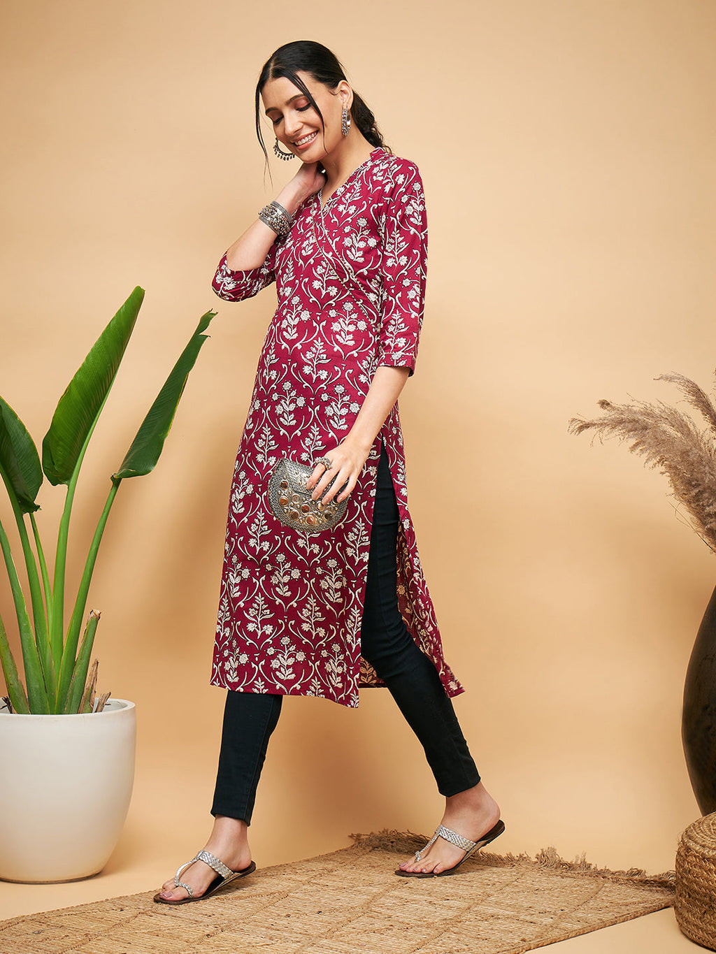 InWeave Women's Wine Floral Print Straight Angrakha Gota Kurta | Grocsy